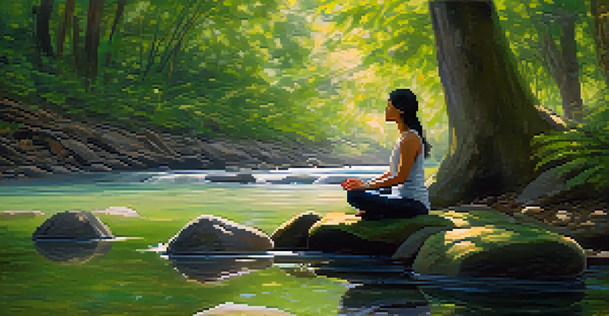 A person meditating by a peaceful stream, surrounded by greenery and dappled sunlight.