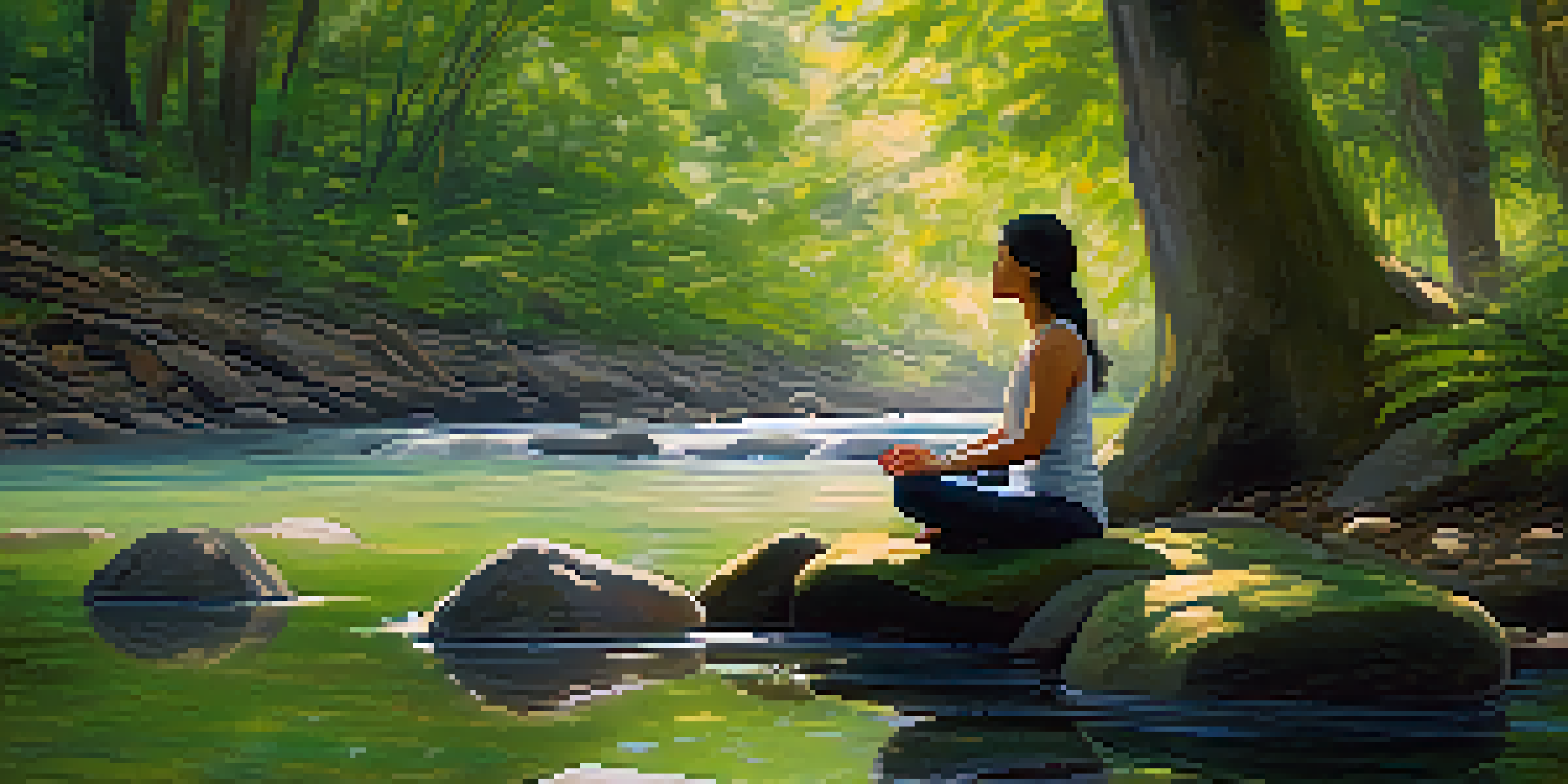 A person meditating by a peaceful stream, surrounded by greenery and dappled sunlight.