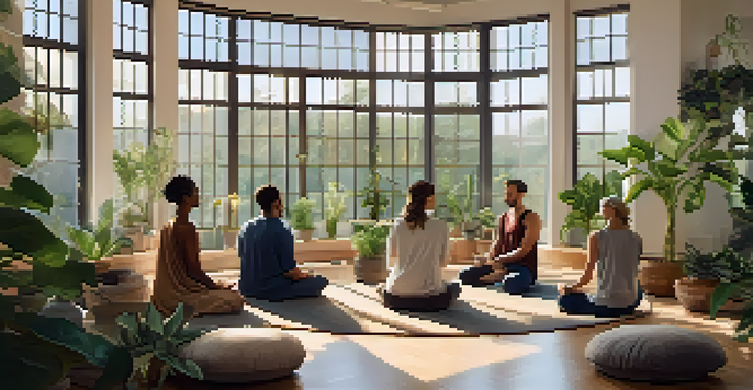 A peaceful meditation space with individuals sitting in a circle, surrounded by plants and soft light.