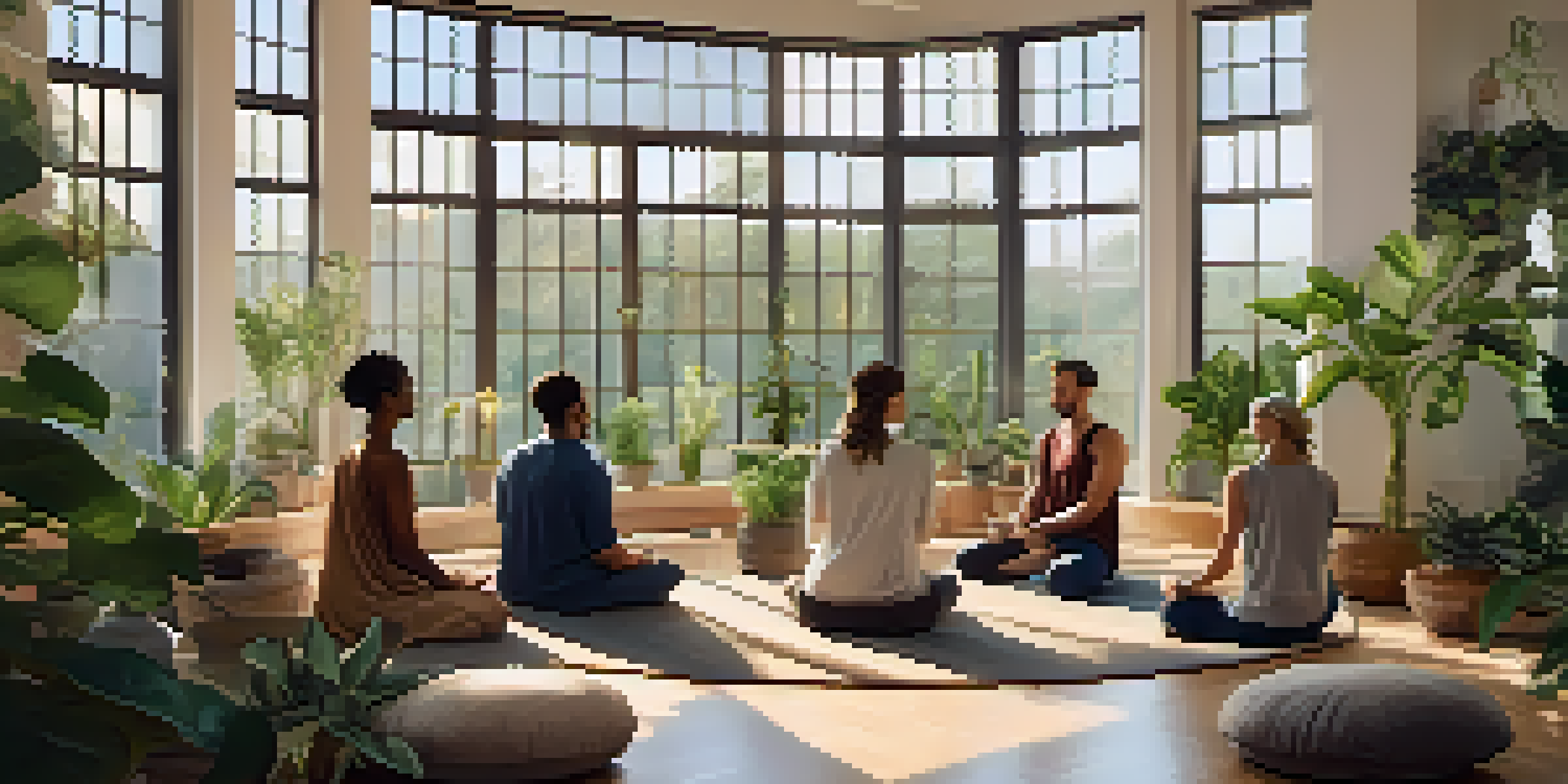 A peaceful meditation space with individuals sitting in a circle, surrounded by plants and soft light.