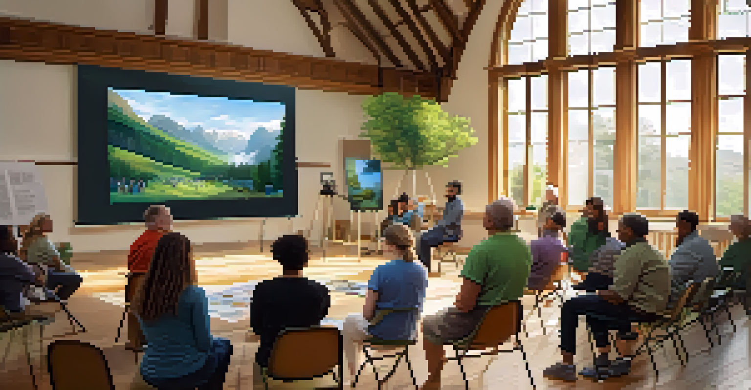 A diverse group of people attending an environmental education workshop in a bright church hall with plants and a large screen.