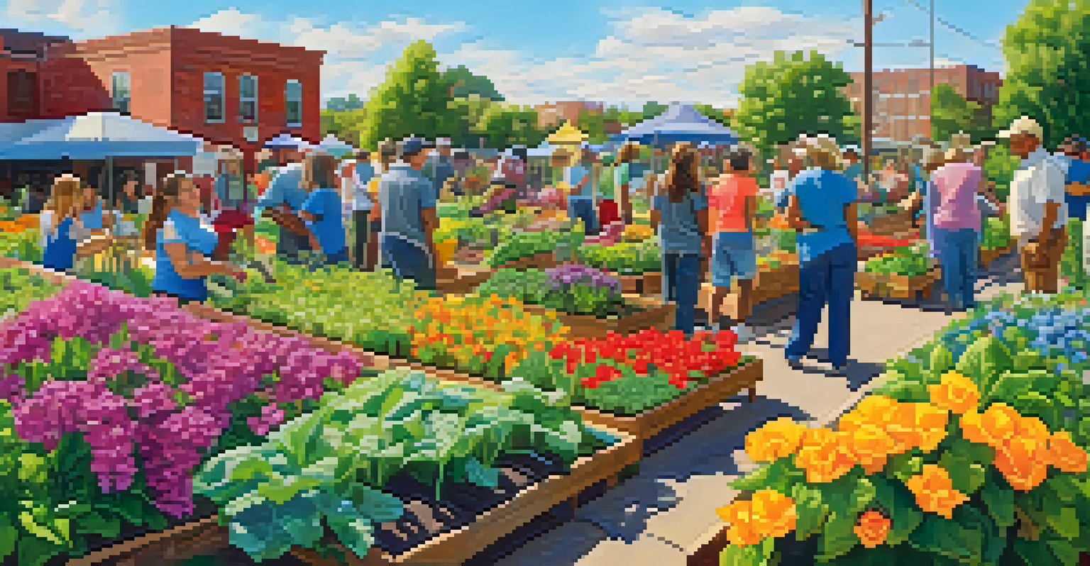 A lively community garden with diverse people tending to plants and flowers under bright sunlight.