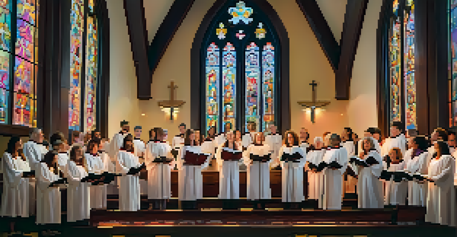 A choir in white robes performing in a cozy church with colorful stained glass windows.