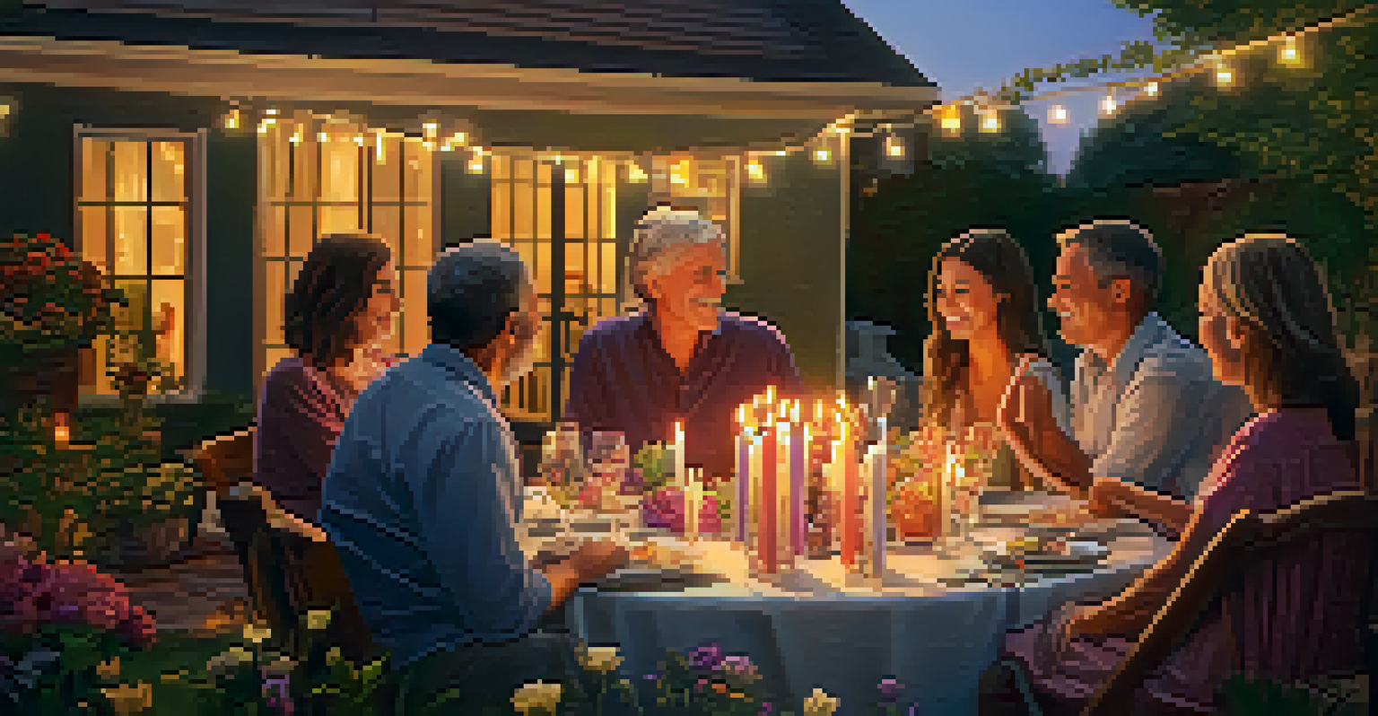 A family celebrating a spiritual milestone together in a decorated backyard during sunset.