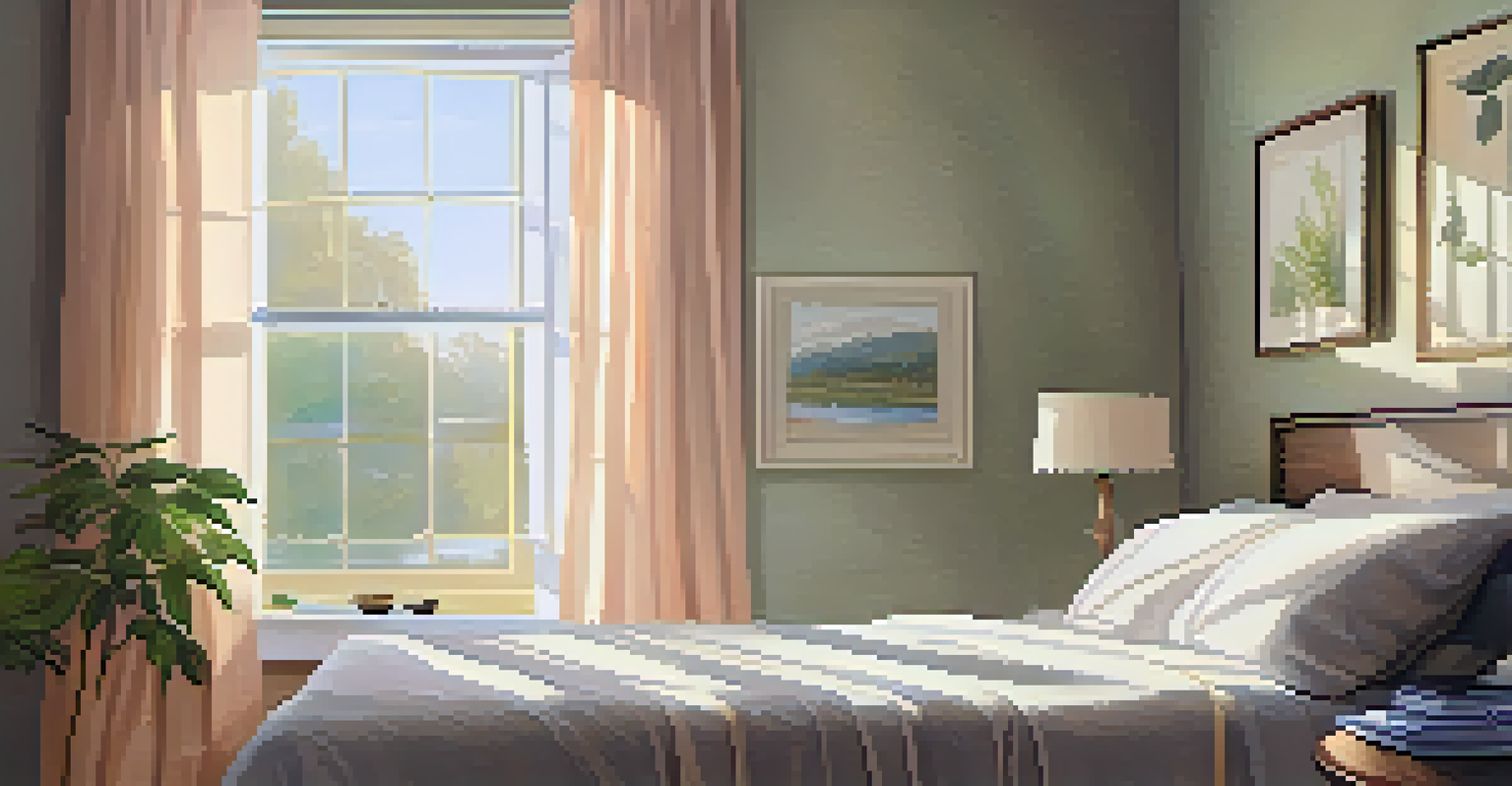 A calm bedroom bathed in morning light, featuring an open gratitude journal and a cup of tea on the bedside table.