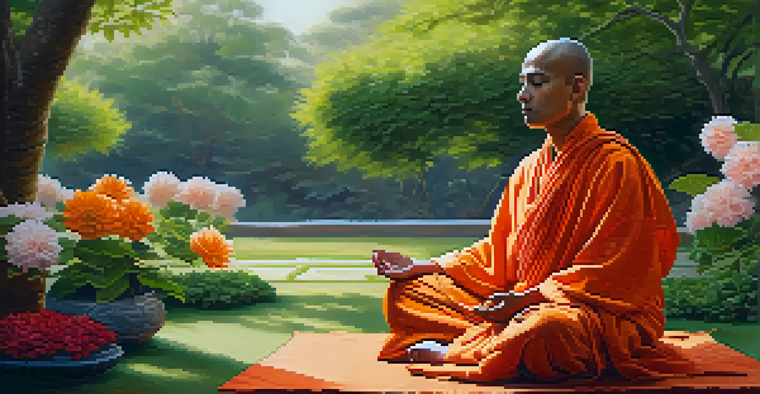 A Jain monk in meditation in a garden, wearing orange robes, surrounded by colorful flowers and gentle sunlight.