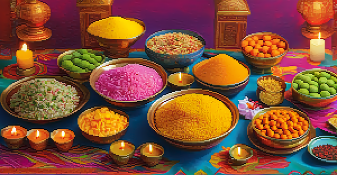 A table filled with traditional Hindu festival foods including sweets, rice dishes, and fruits, surrounded by flowers and candles in warm lighting.