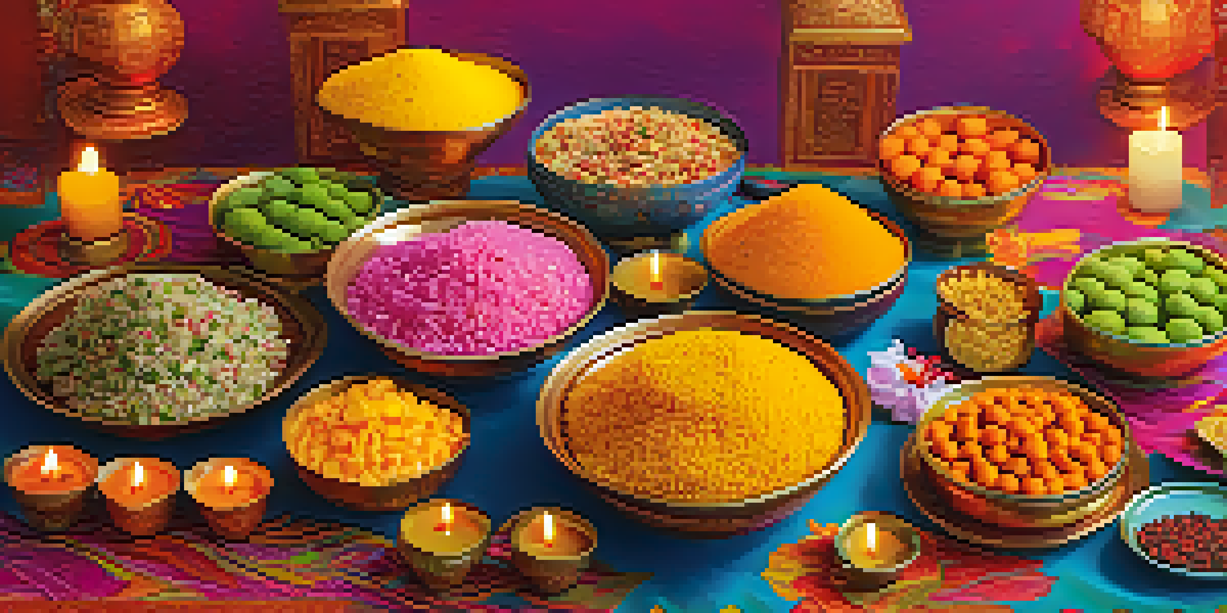 A table filled with traditional Hindu festival foods including sweets, rice dishes, and fruits, surrounded by flowers and candles in warm lighting.