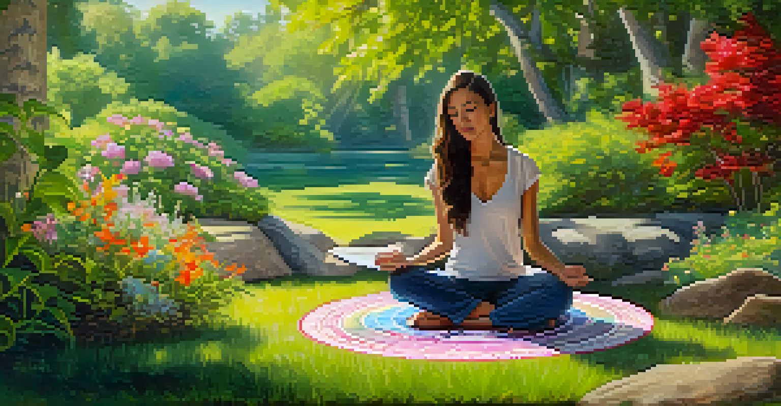 A person coloring a mandala in a peaceful outdoor setting surrounded by flowers and sunlight.