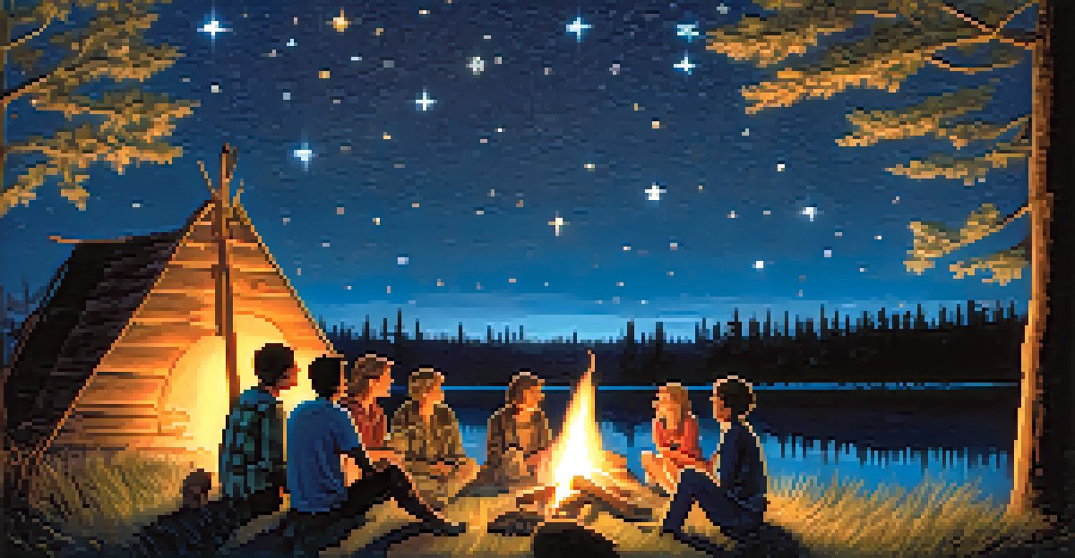 A group of friends around a campfire, enjoying a starlit night, with the warm firelight contrasting against the cool night sky.