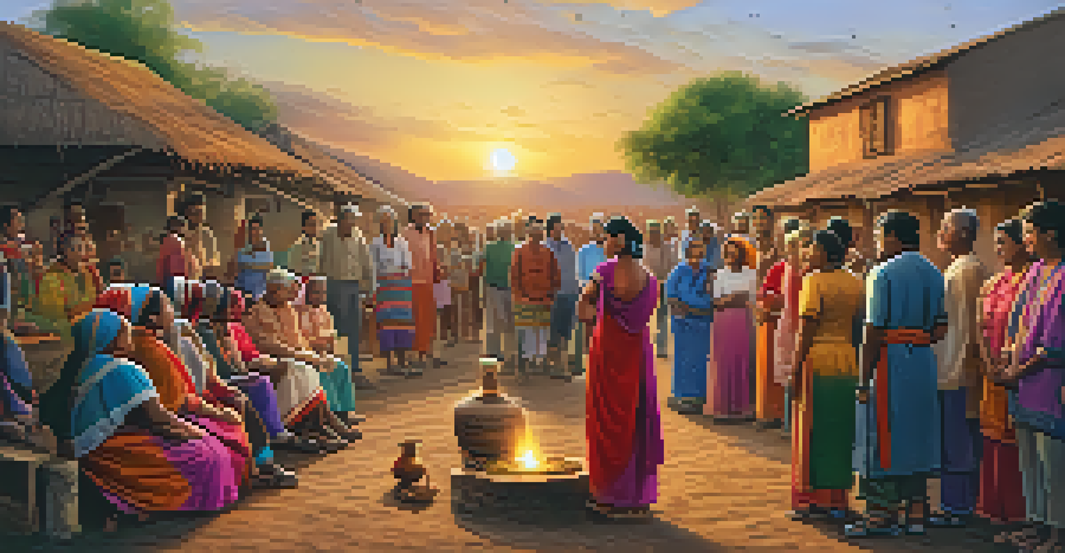 A community gathering with people sharing stories about their ancestors, set against a colorful village backdrop during sunset.