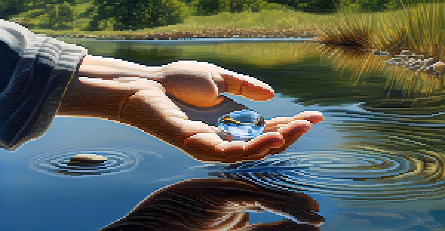 A hand releasing a smooth stone into a clear river, symbolizing the act of letting go, with a peaceful landscape in the background.