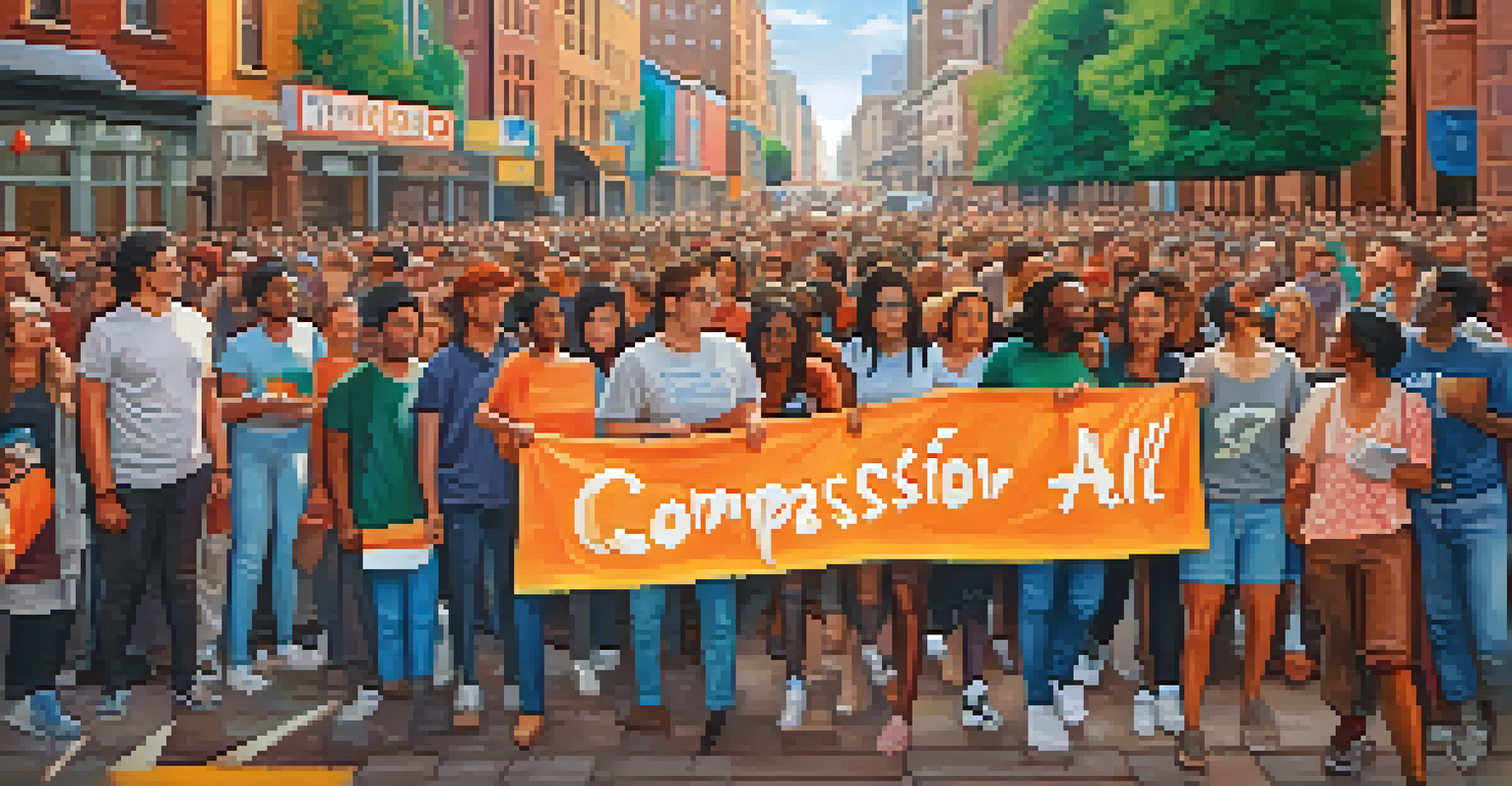 An activist at a demonstration holding a sign promoting compassion, with a colorful mural in the background.