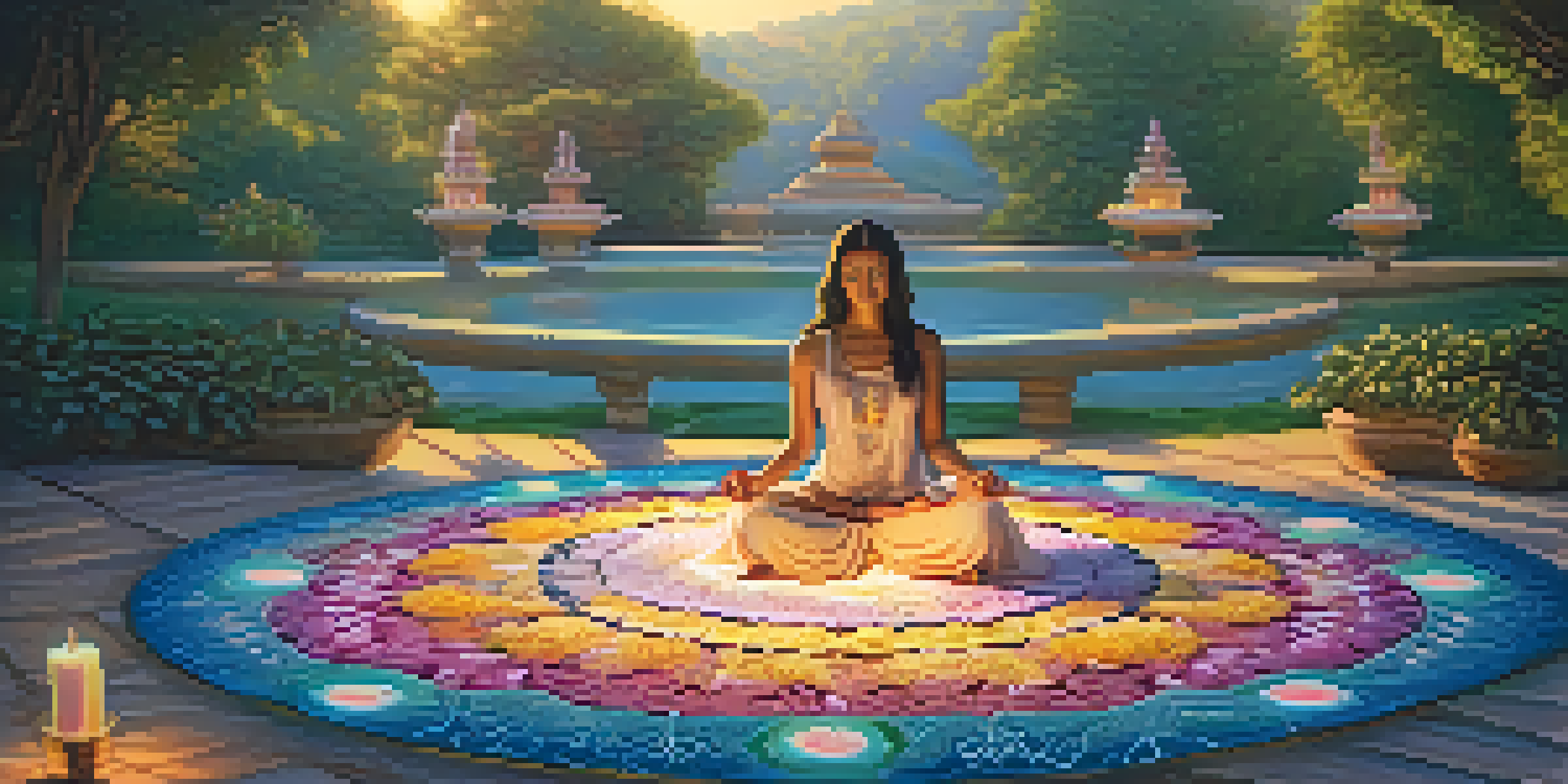 A person meditating on a colorful mandala in a garden filled with lotus flowers, surrounded by flickering candles and warm golden light.