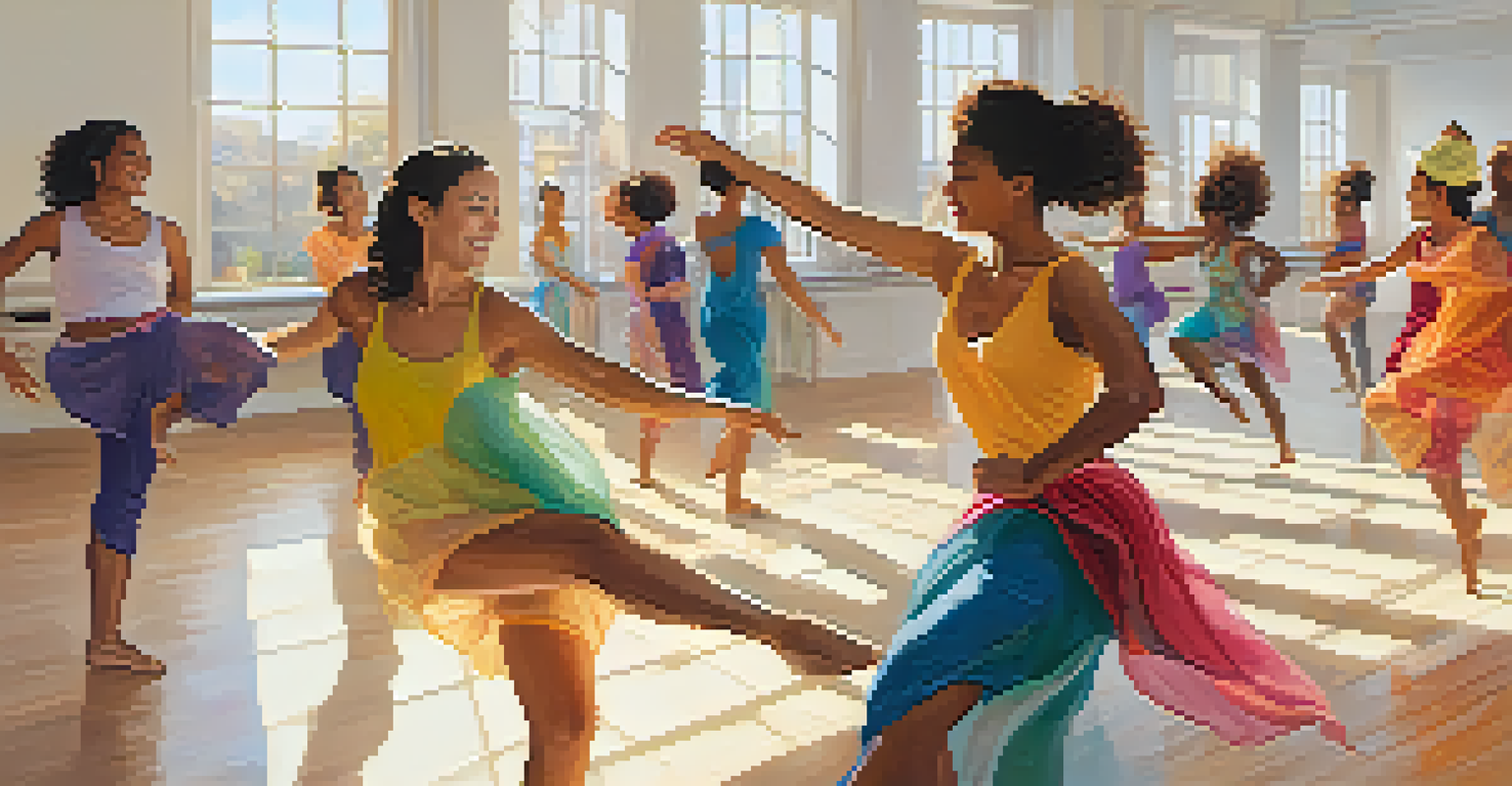 A bright studio filled with natural light where people are joyfully dancing together, expressing happiness and connection.