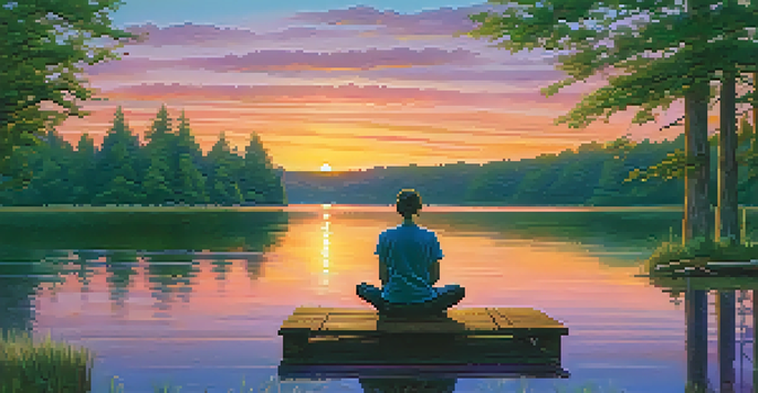 A person meditating on a dock by a lake during sunset, with colorful reflections in the water and trees in the background.