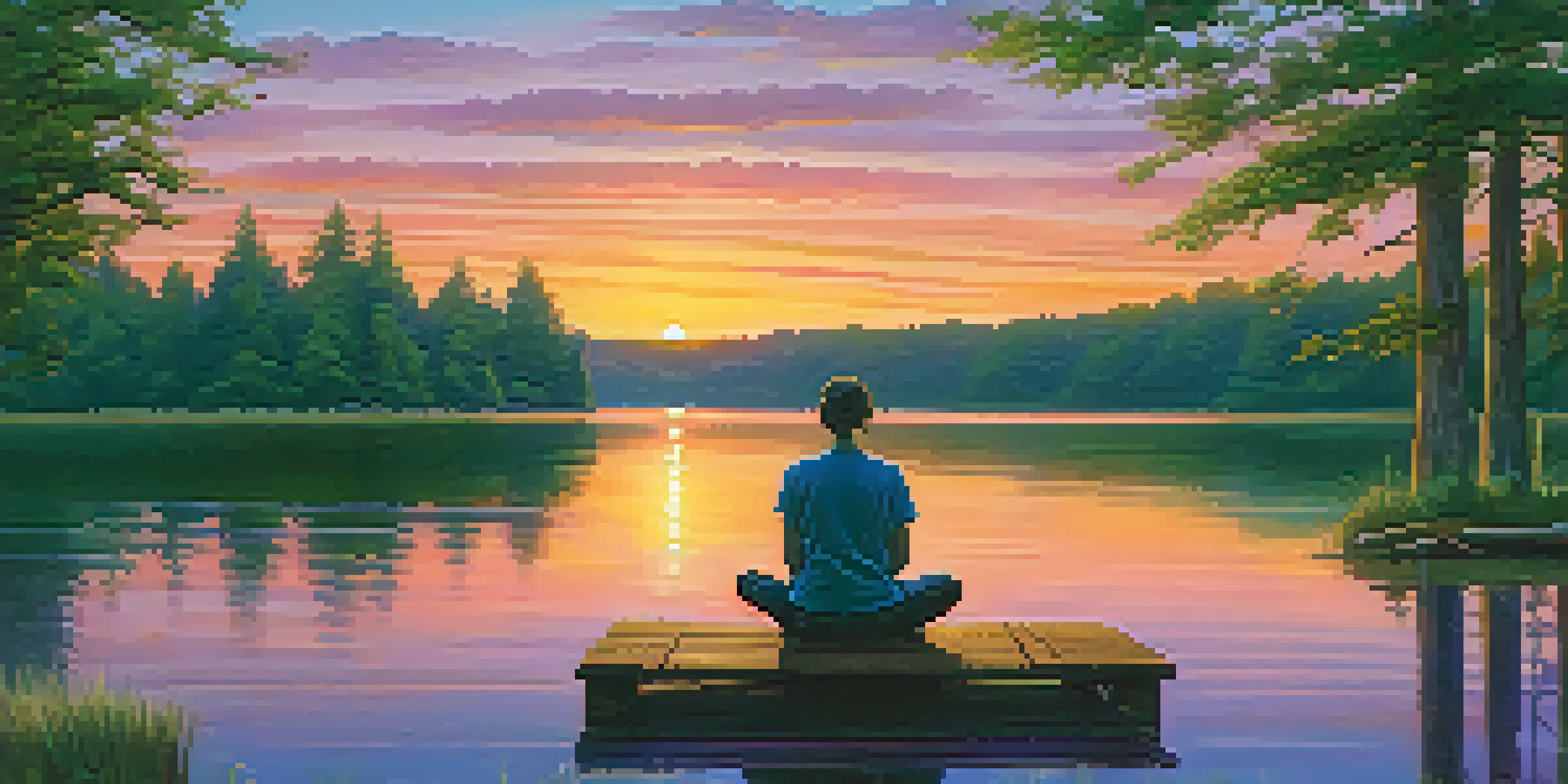 A person meditating on a dock by a lake during sunset, with colorful reflections in the water and trees in the background.