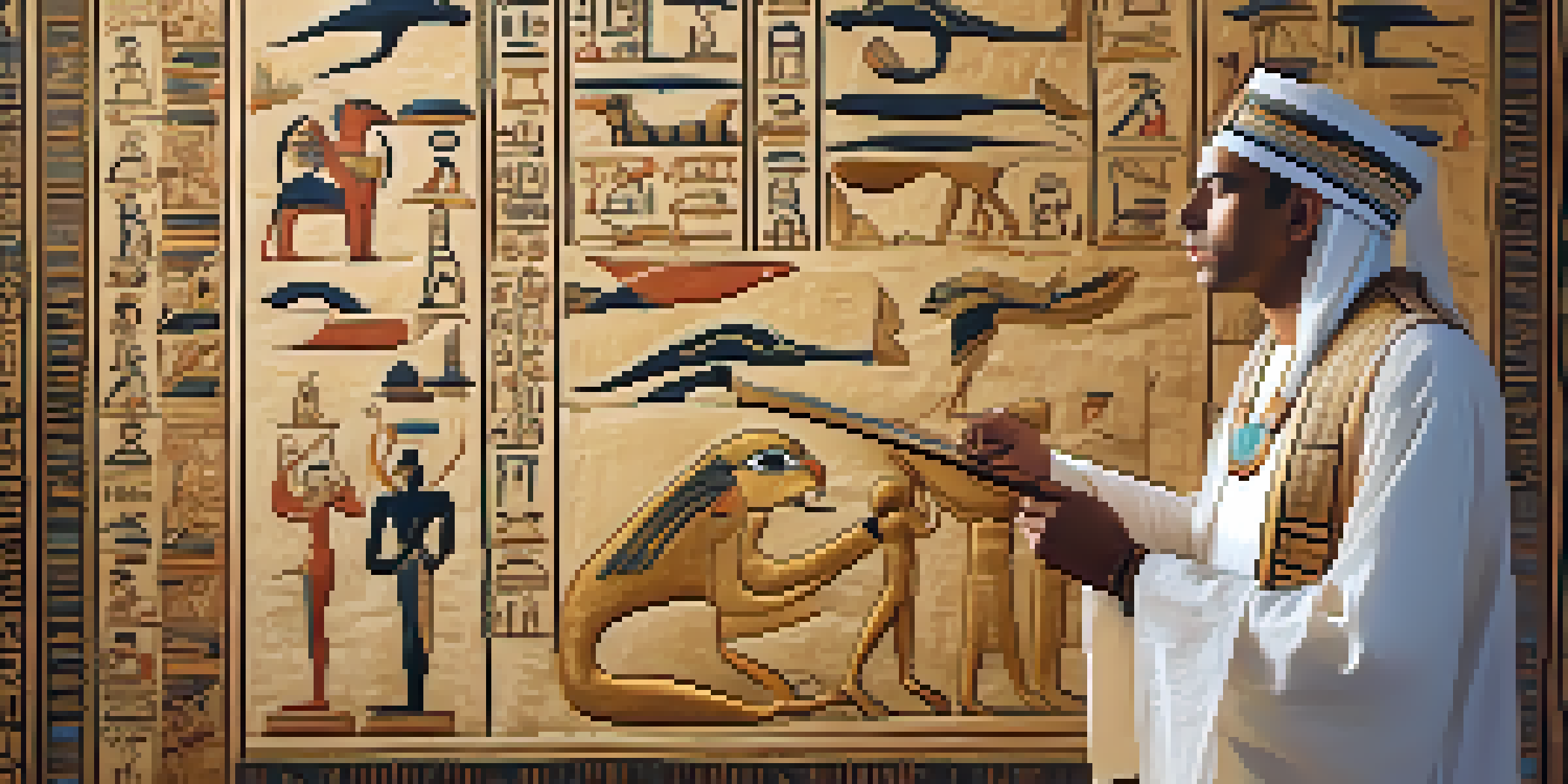 An ancient Egyptian priest interpreting a dream with symbols like a snake and the Nile, illuminated by soft golden light.