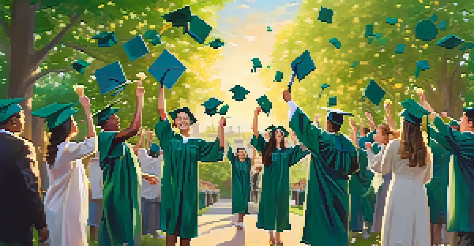 Graduates in caps and gowns joyfully tossing their caps into the air in a lush park during a graduation ceremony.