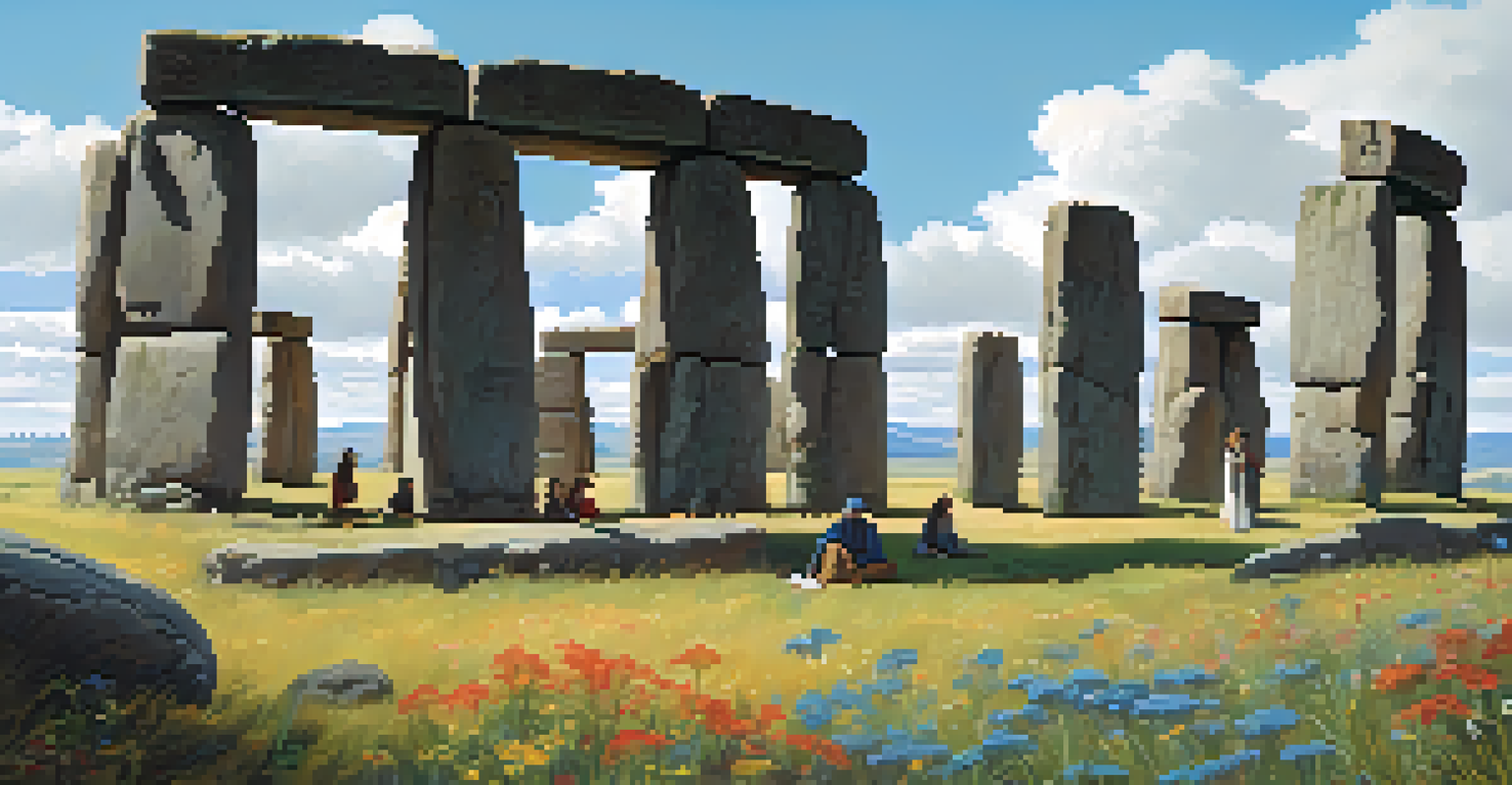 An ancient stone structure against a blue sky with wildflowers, featuring people meditating nearby, conveying a sense of spirituality.