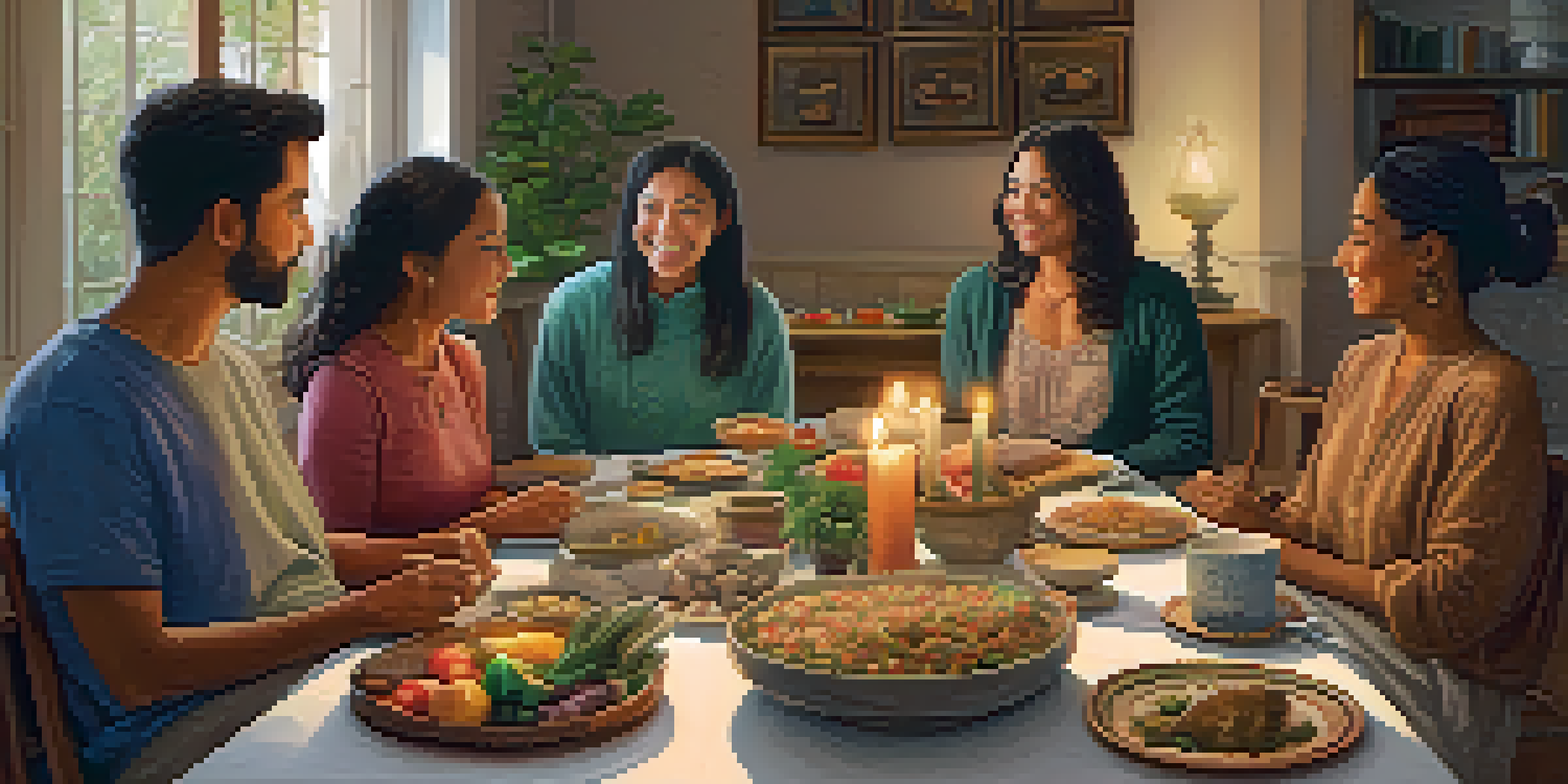 A warm family gathering around a dining table, discussing spiritual beliefs with various cultural dishes present.