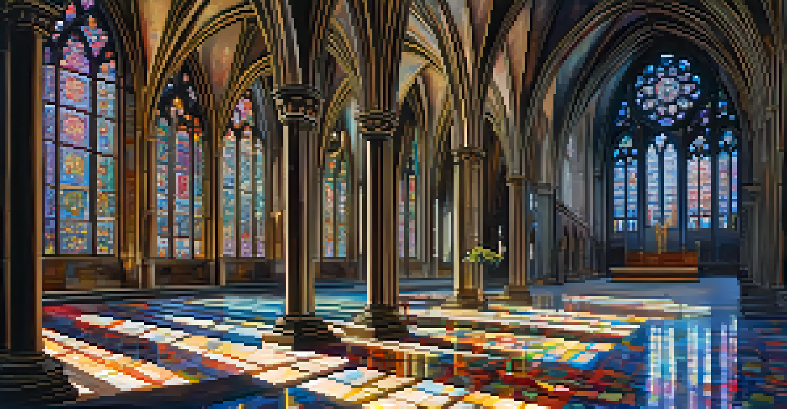 The interior of a Gothic cathedral with stained glass windows and high arches.
