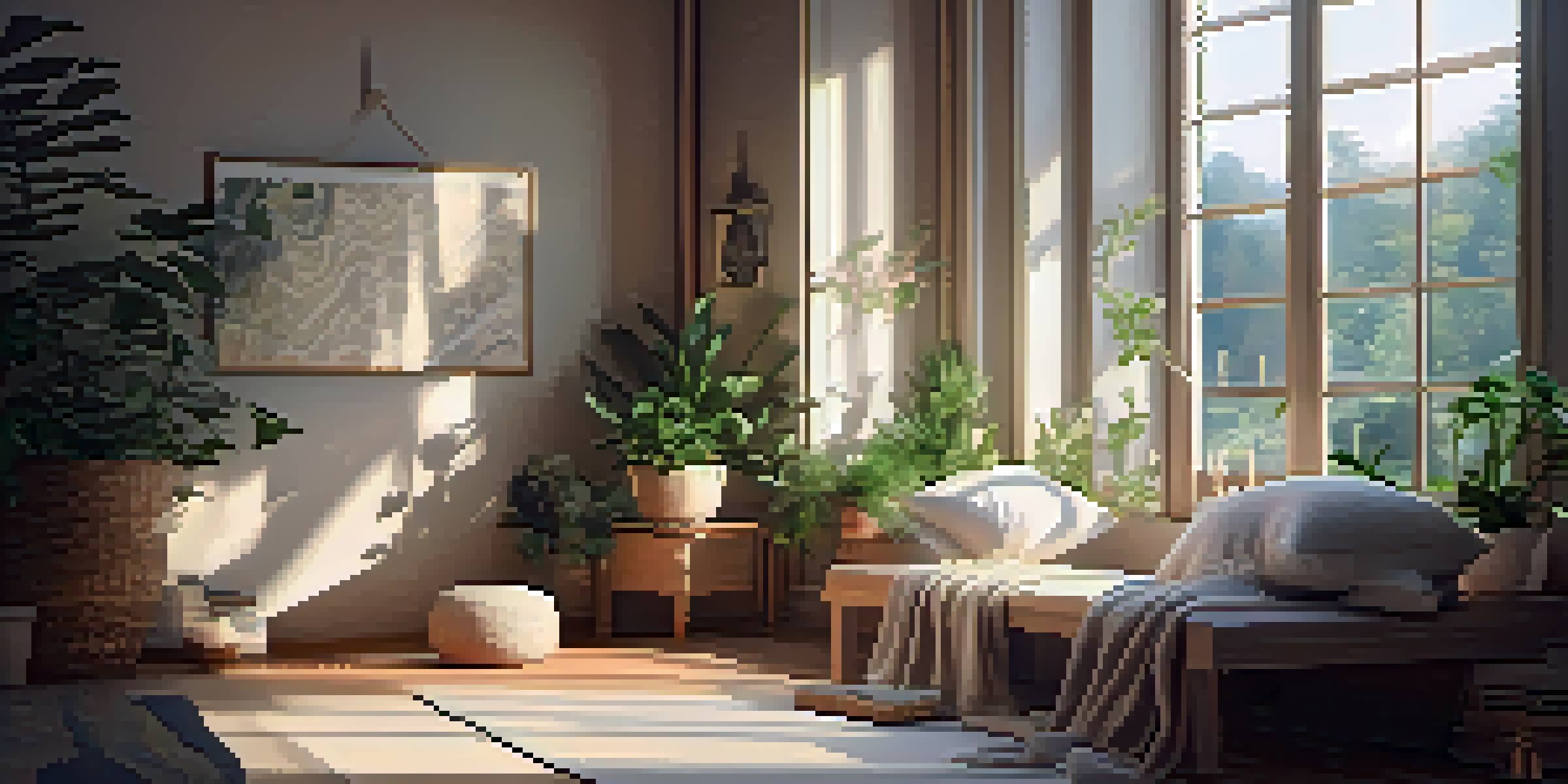 A peaceful meditation corner with soft lighting, cushions, and plants, creating a serene atmosphere.
