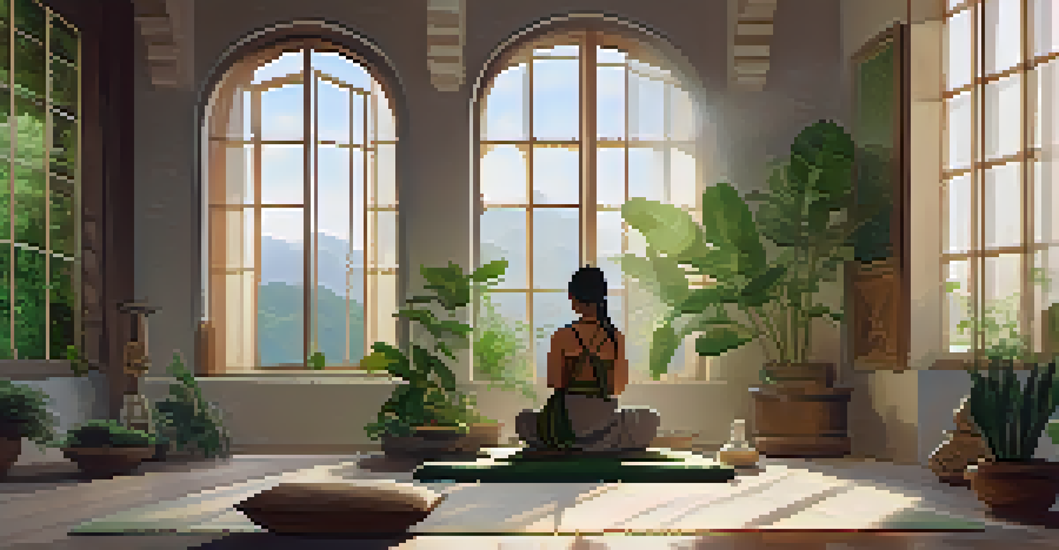 A person meditating in a tranquil indoor space filled with greenery and soft lighting.