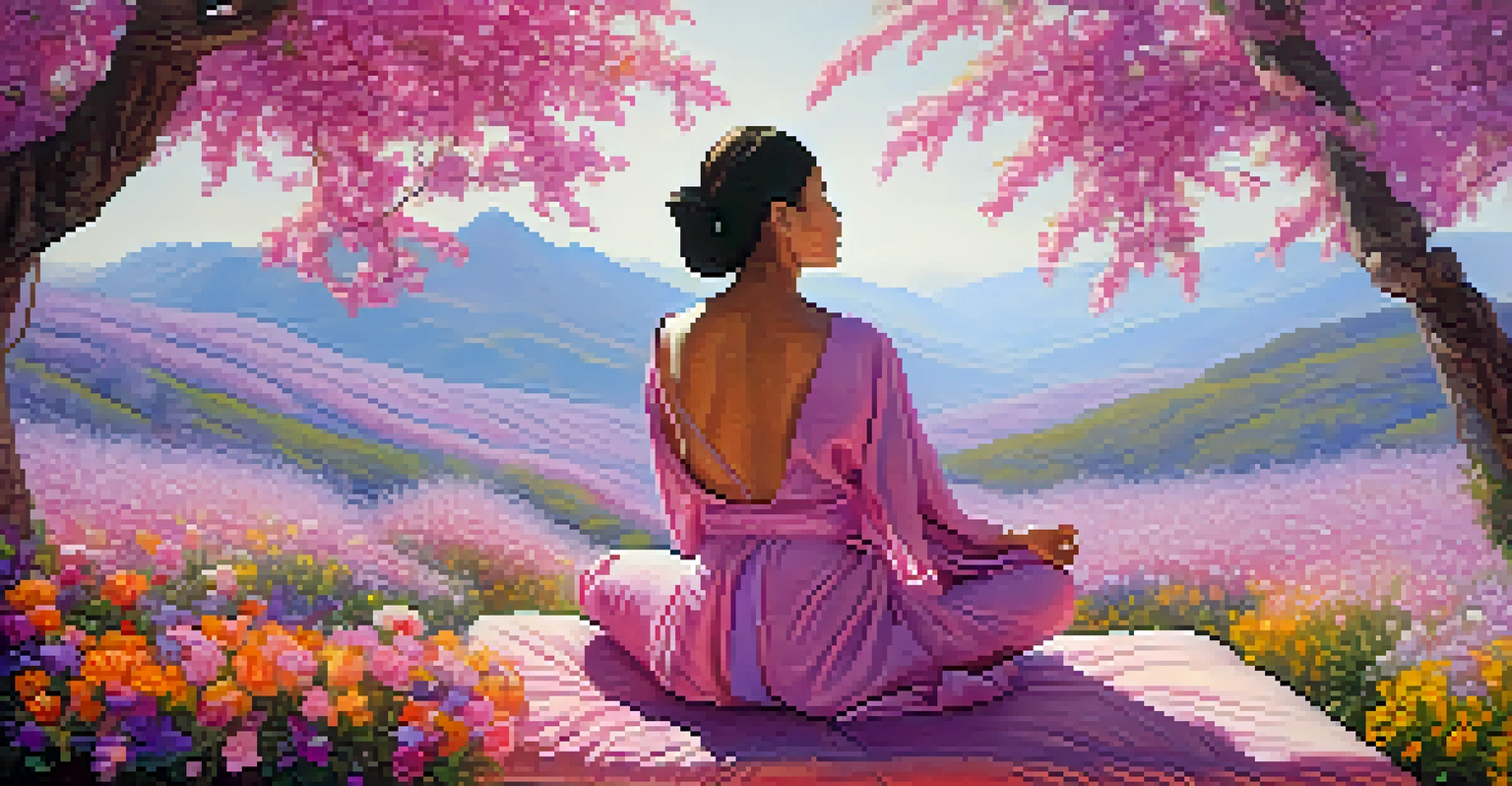 A person meditating on a cushion surrounded by colorful blooming flowers, reflecting tranquility and compassion.