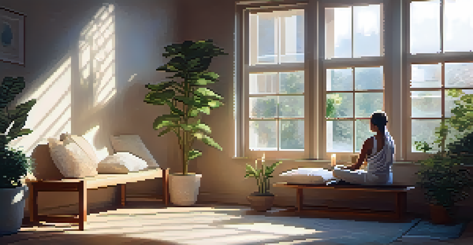A cozy meditation space with cushions, a candle, and a person meditating in a sunlit room.