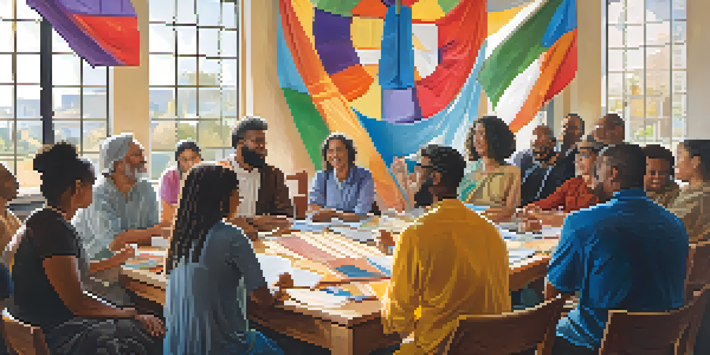 A diverse group of people from different religions gathered in a bright room, discussing social justice with colorful banners around them.