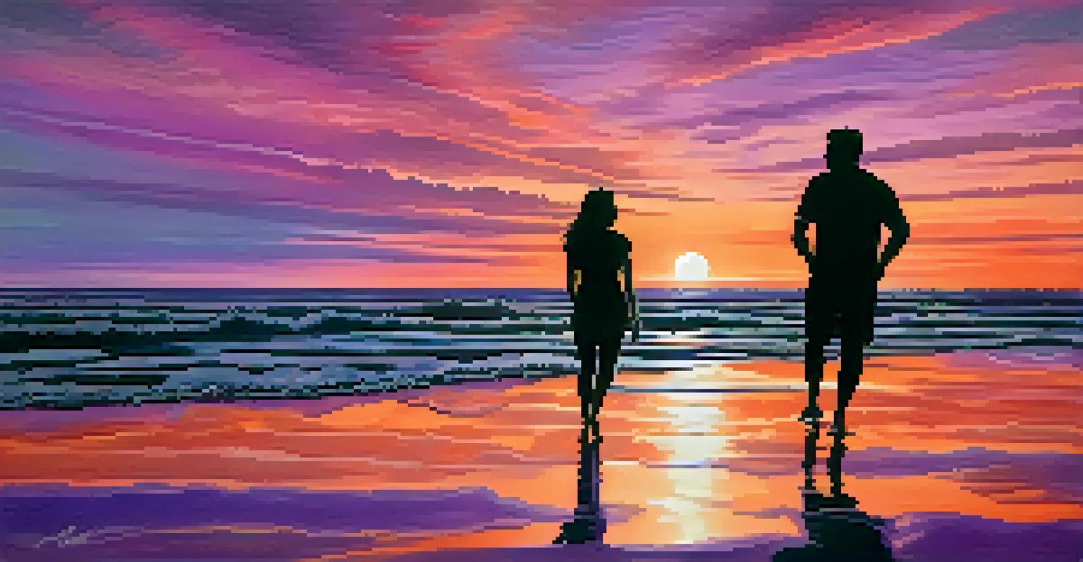 Two people holding hands on a beach at sunset, with a colorful sky and calm ocean.