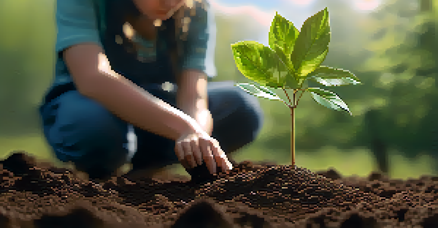 Close-up of hands planting a small tree sapling into dark soil with a blurred green landscape in the background.