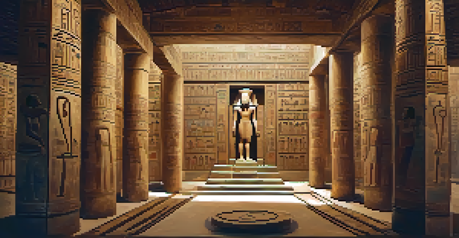 An ancient Egyptian temple interior filled with hieroglyphs and a mural of Ra, under soft lighting.