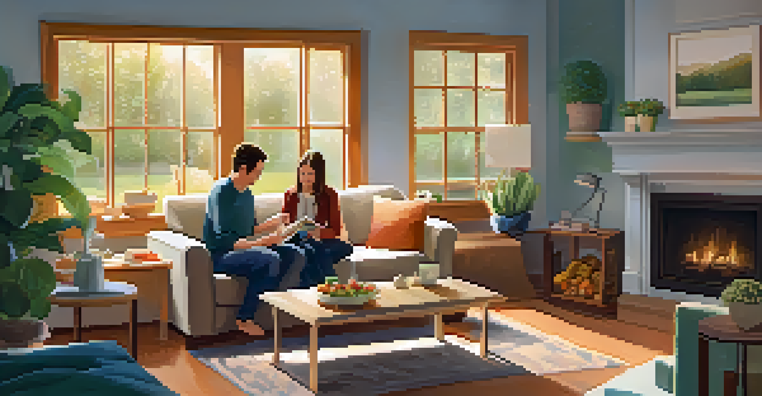 A family sharing notes from a gratitude jar in a cozy living room.