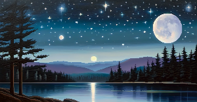 A peaceful night scene with a New Moon and glowing stars reflected in a lake surrounded by silhouetted trees.