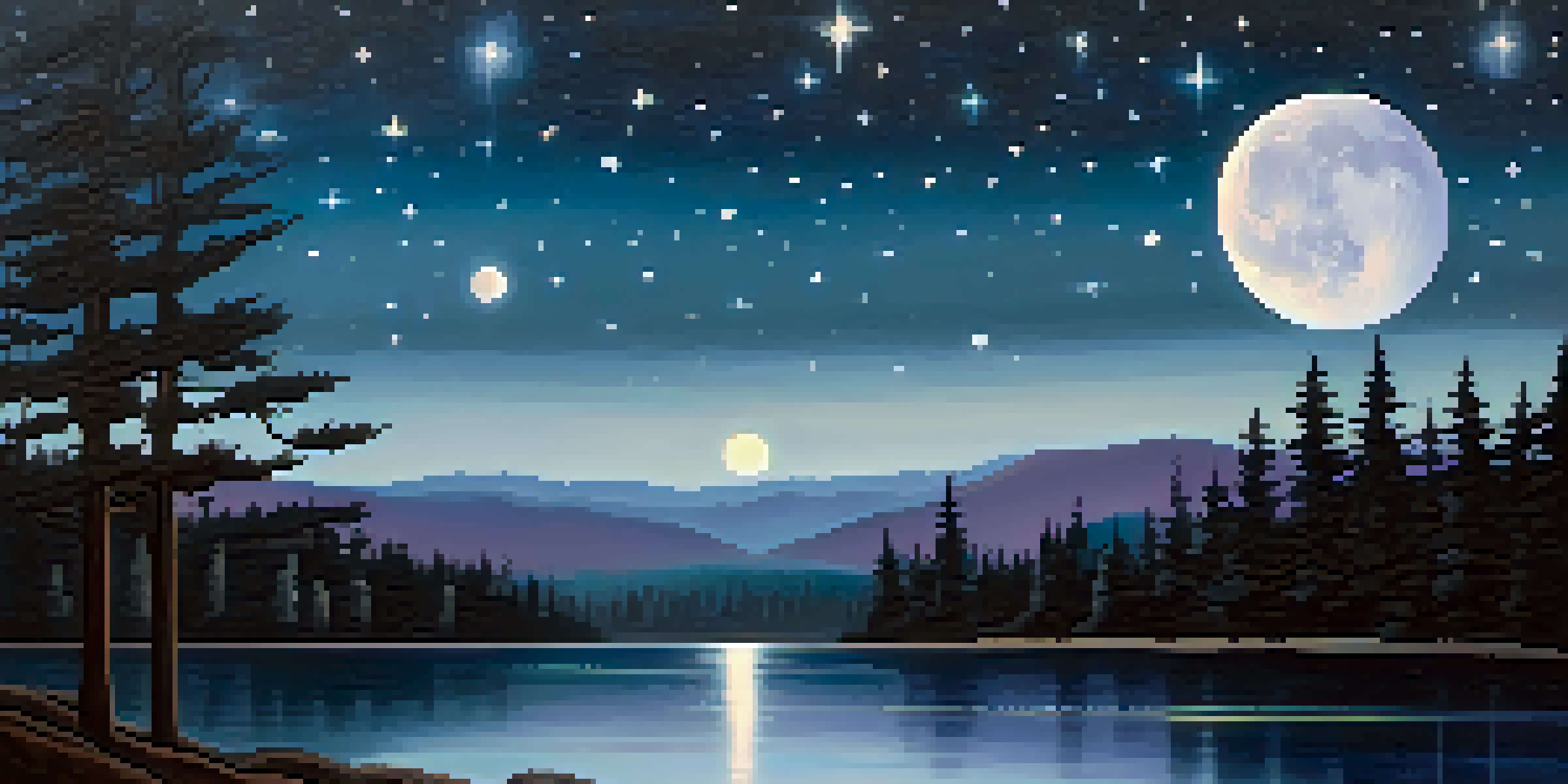 A peaceful night scene with a New Moon and glowing stars reflected in a lake surrounded by silhouetted trees.