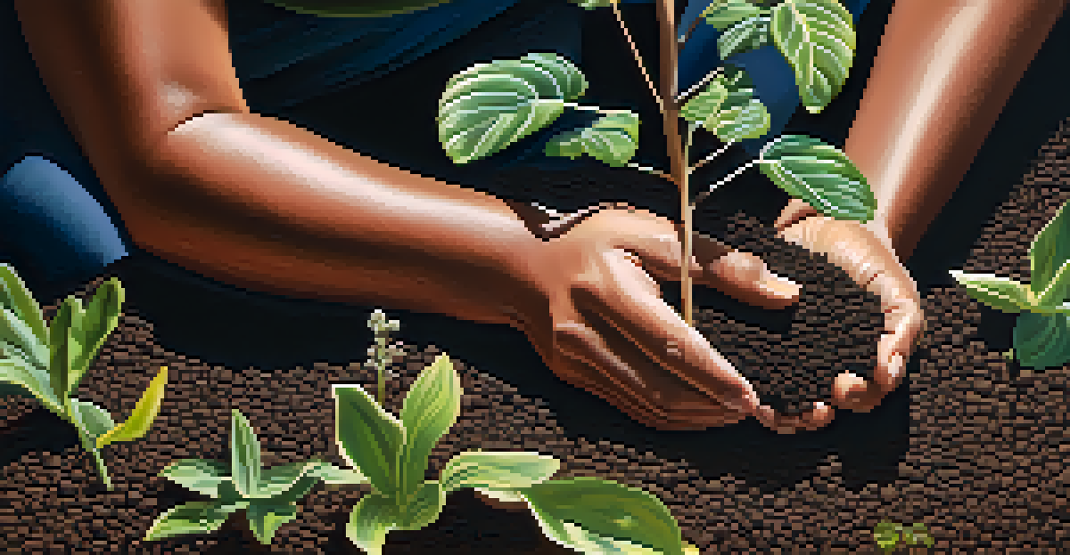 Close-up of hands planting seeds in soil with a blurred background of diverse plants, illustrating sustainable Indigenous practices.