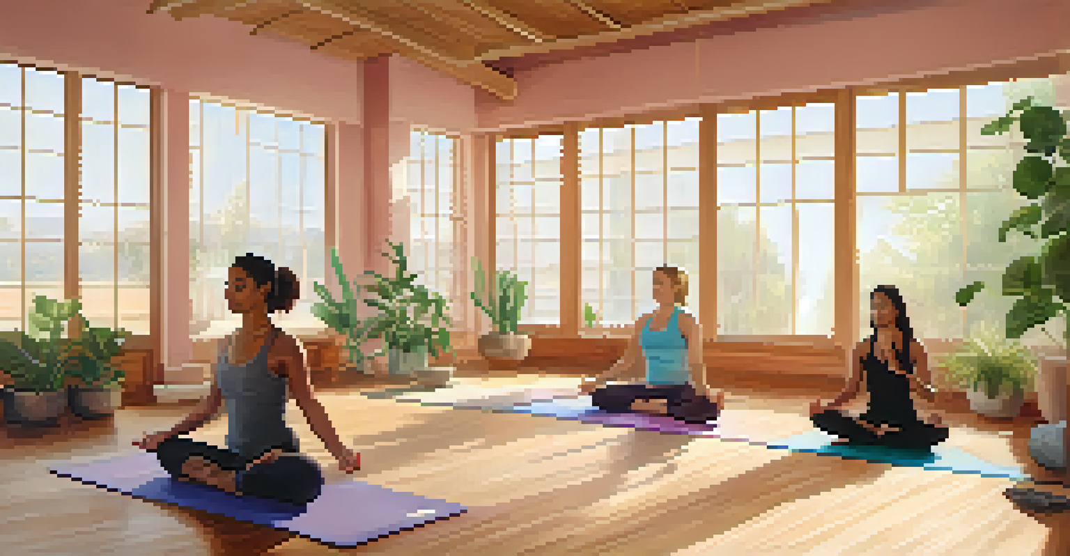 A group of individuals practicing yoga in a cozy studio filled with natural light.