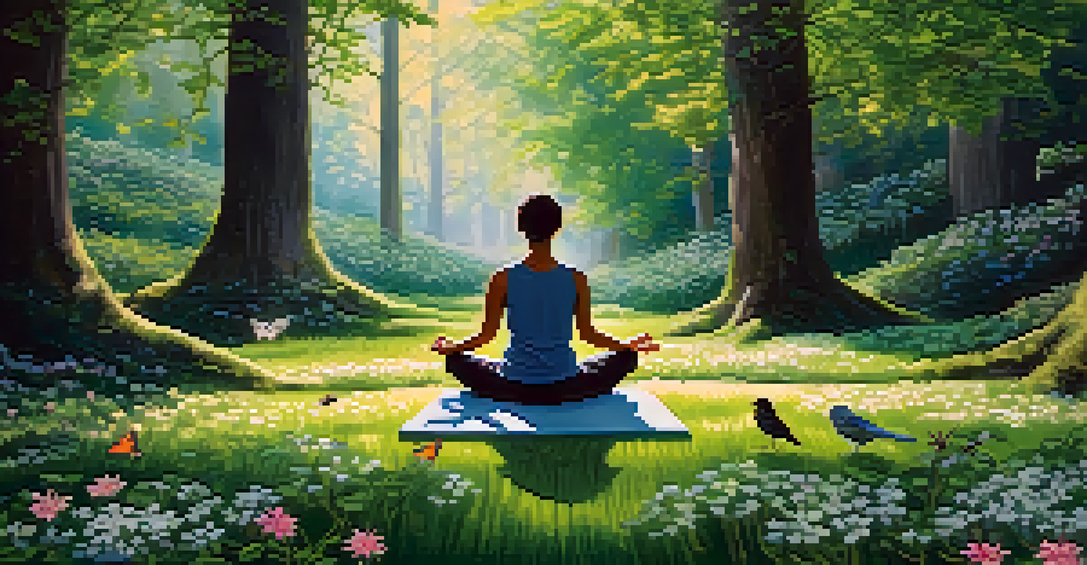 A person meditating in a lush forest, surrounded by trees and flowers, with sunlight creating patterns on the ground.