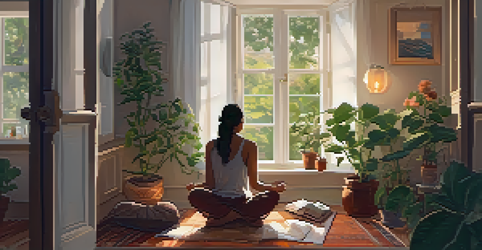 A person journaling in a cozy room filled with plants and warm light, creating an atmosphere of reflection.