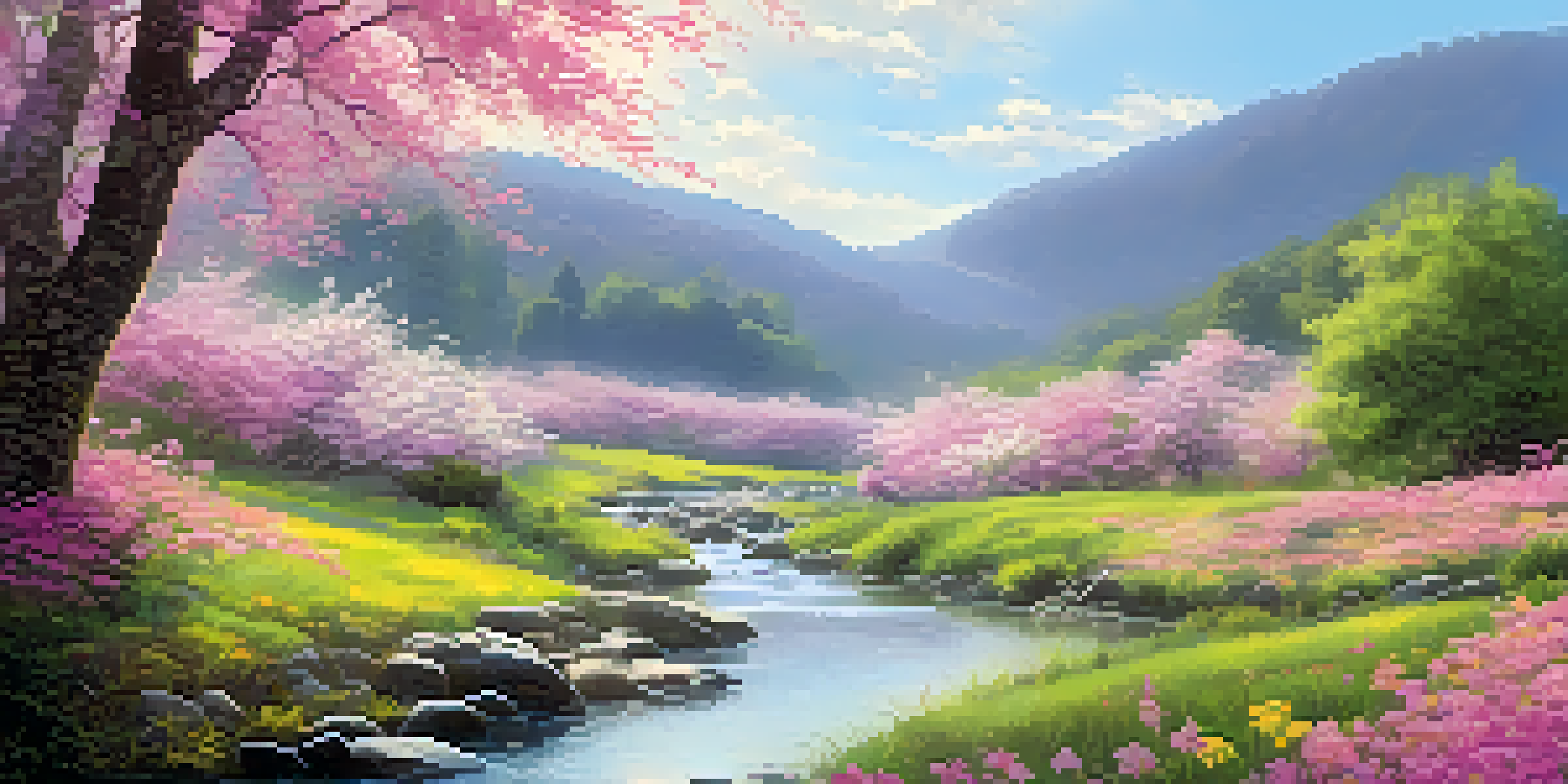 A peaceful spring landscape with blooming flowers, a clear blue sky, a small stream, and a person meditating.