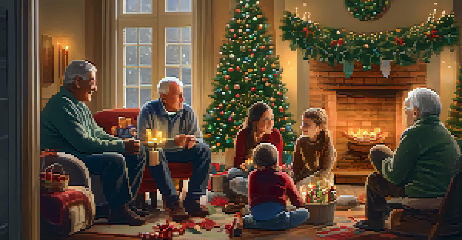 A heartwarming holiday gathering where a grandparent shares a story with children, surrounded by crafting activities and festive decorations in a cozy setting.