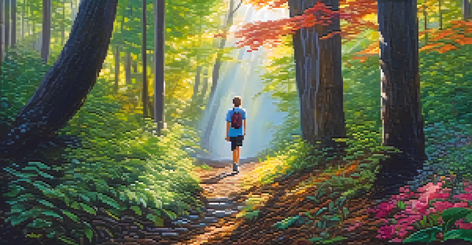 A person walking mindfully in a vibrant forest, appreciating nature.