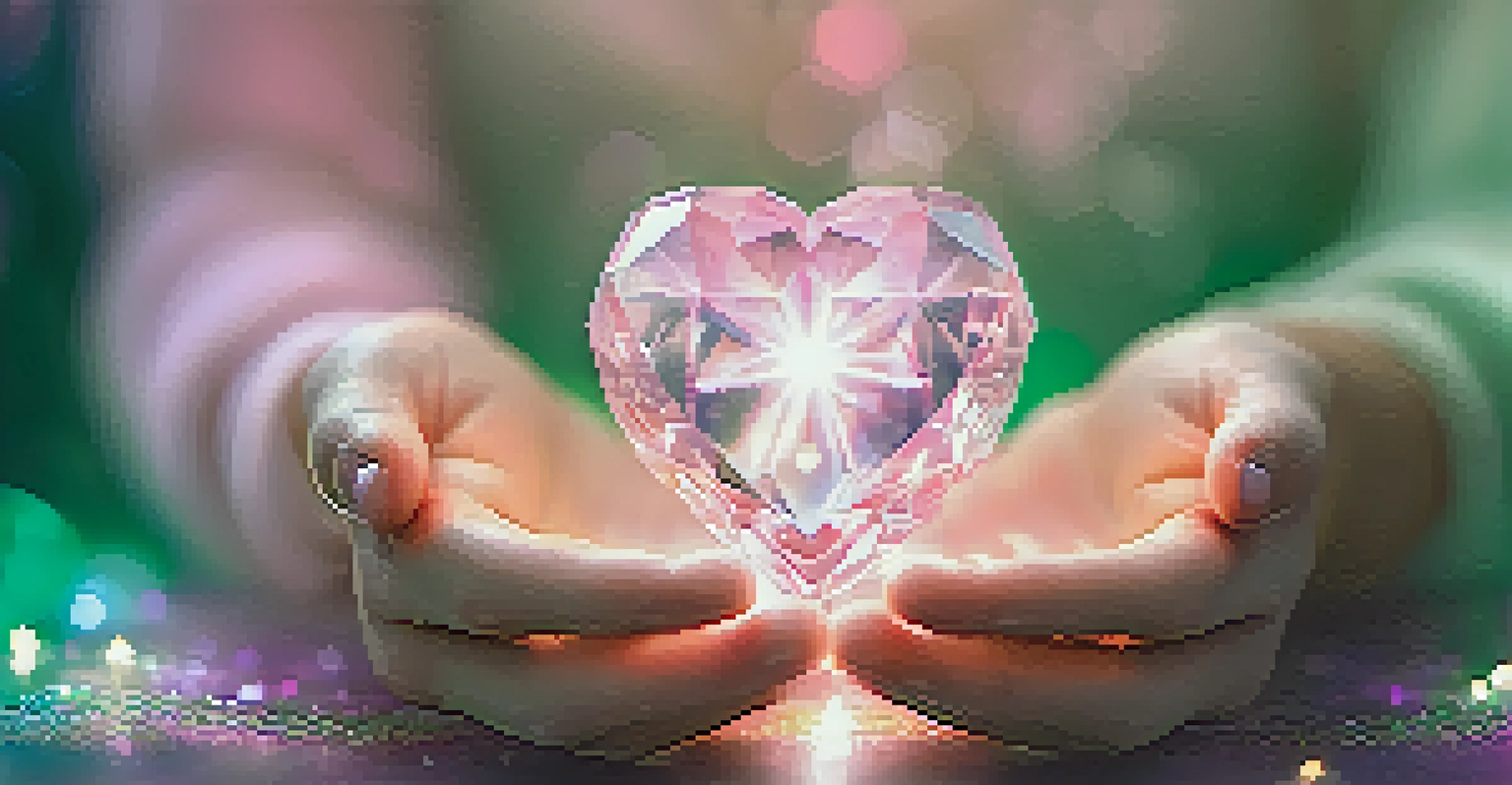A close-up of hands in a meditative position over a glowing crystal with a soft green and pink background.