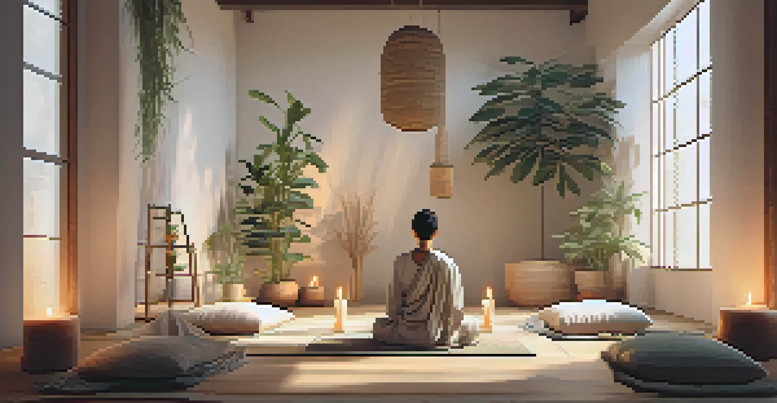 An indoor meditation space with cushions and plants, where a person sits in meditation, surrounded by soft textures and warm lighting.