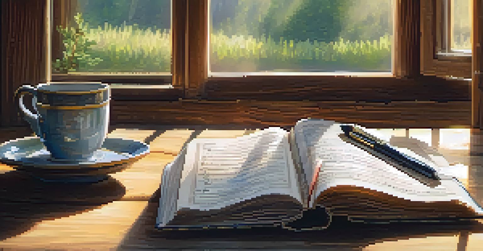 A close-up of an open journal with handwritten reflections, a pen, and a cup of herbal tea on a wooden table, illuminated by morning sunlight.