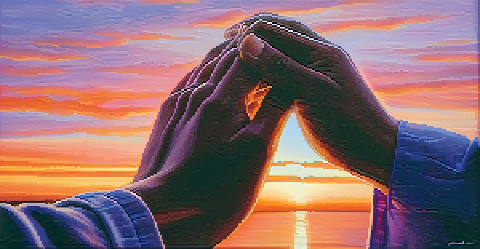 Close-up of two hands clasped in prayer with a blurred sunset in the background, symbolizing connection.