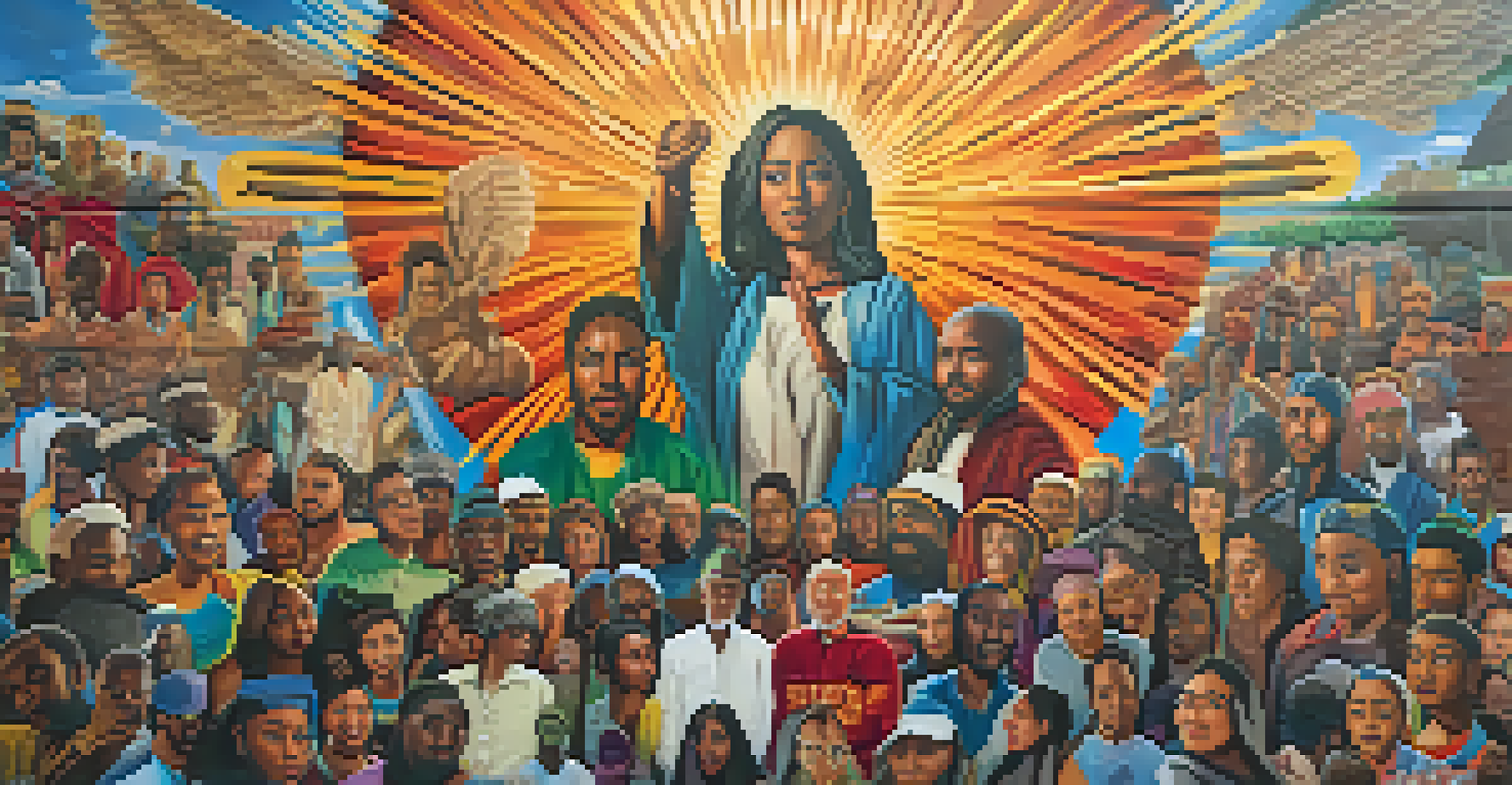 A vibrant mural illustrating spiritual activism and economic justice, filled with diverse figures and symbols.