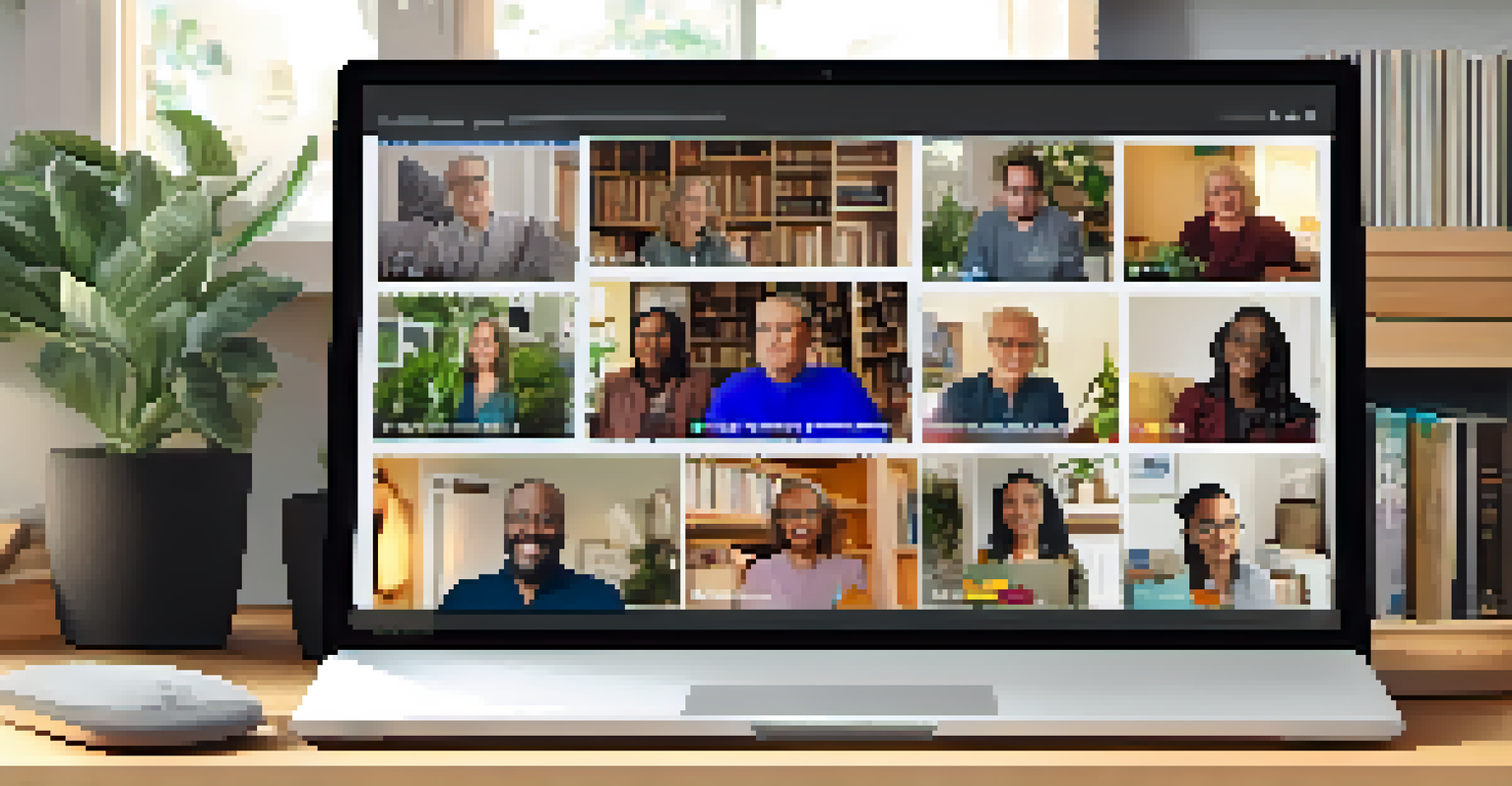 A virtual book club meeting with diverse participants discussing a spiritual e-book, set in cozy home environments.